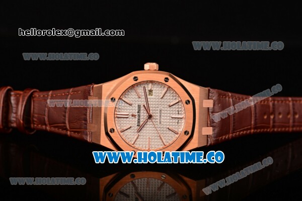 Audemars Piguet Royal Oak 39MM Miyota 9015 Automatic Rose Gold Case with White Dial Brown Leather Strap and Stick Markers (BP) - Click Image to Close